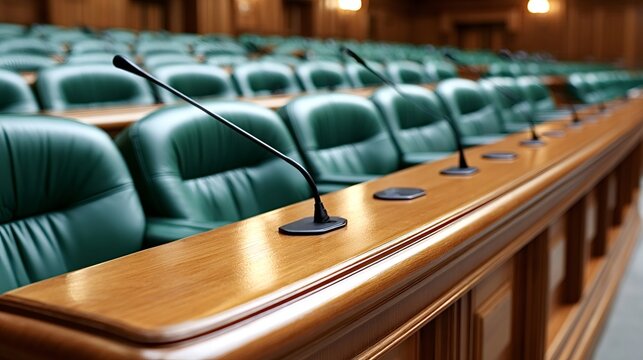 Empty wooden desk with gooseneck microphones in a plenary hall, depicting themes of government, politics, lawmaking, and international relations in a formal institutional setting