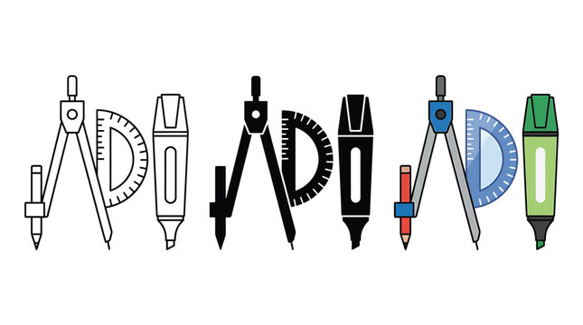 Set of school geometry compass protractor and marker pen icons in outline solid and color styles Vector
