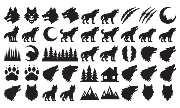 Collection of black wolf silhouettes featuring howling wolves, paw prints, crescent moons, pine trees, mountain peaks, and claw marks isolated on a plain white background