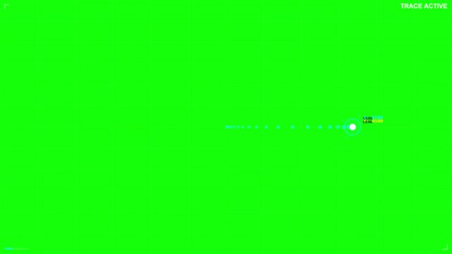 Digital path finder moving across an urban grid on a bright green screen background