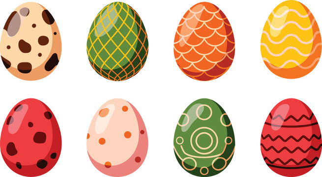 Colorful Easter egg vector set featuring different decorative patterns, dinosaur spots, and scales isolated on white background