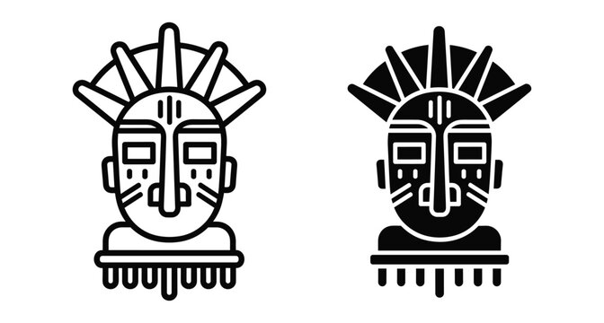 African tribal mask icon set featuring ethnic ritual face designs with traditional headdress and geometric patterns for cultural graphic projects