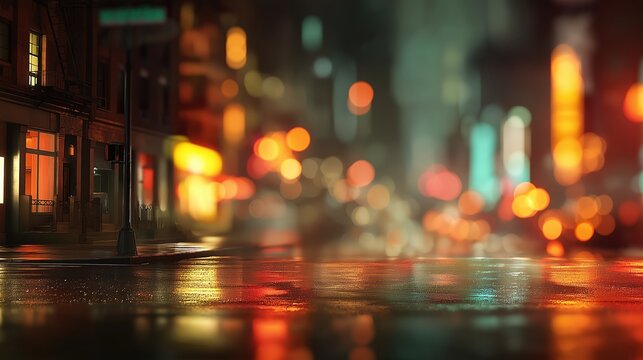 Rainy night street, blurry lights, reflection of light on wet pavement, neon cityscape, urban city, blurred figures in background