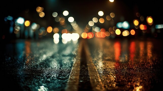 Rainy night street, blurry lights, reflection of light on wet pavement, neon cityscape, urban city, blurred figures in background