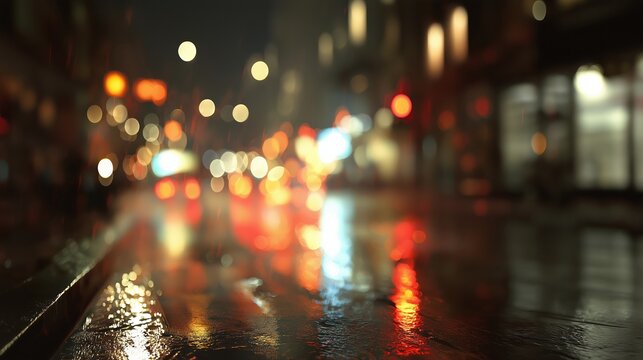 Rainy night street, blurry lights, reflection of light on wet pavement, neon cityscape, urban city, blurred figures in background