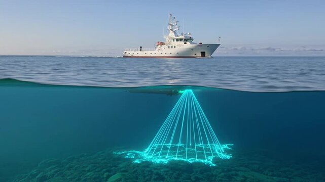 A modern survey vessel navigates the open ocean, mapping the deep sea floor using advanced sonar technology and multibeam echosounder beams under a bright clear sky.