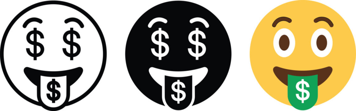 Money mouth face emoji vector icon set featuring dollar sign eyes and green cash tongue elements