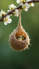 Fototapeta premium Two small green frogs sit in a woven nest hanging from a tree branch with white flowers. They look out with curious eyes at the viewer. The background is a soft blur of green.