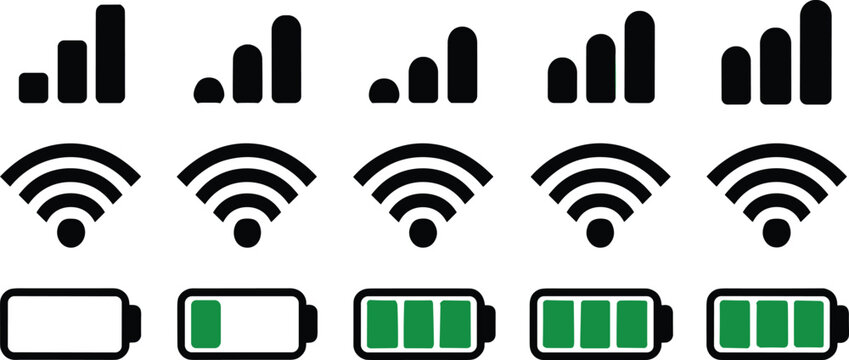 Mobile phone status bar vector icon set featuring network signal strength wifi and battery charging level indicators