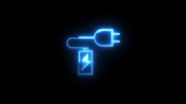 Neon blue outline icon of electric battery being charged with power plug motion graphic art.