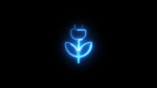 Neon blue electric plug and leaves icon symbol glowing on black background video footage.