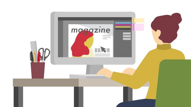 フラットイラストアニメーション：雑誌のデザインをする女性(モニター)