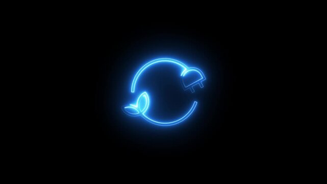 Neon glowing green energy symbol with power plug and leaves forming circular motion icon.