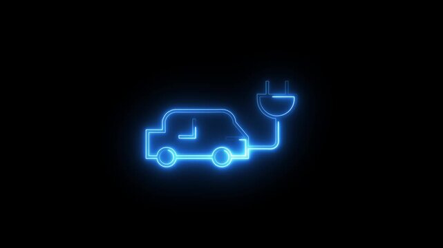 Electric car charging neon icon glowing sign isolated on black background for ev vehicle.