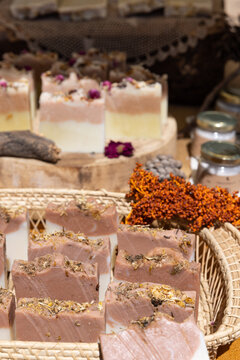 handmade artisanal soaps at a street fair in lisbon, portugal