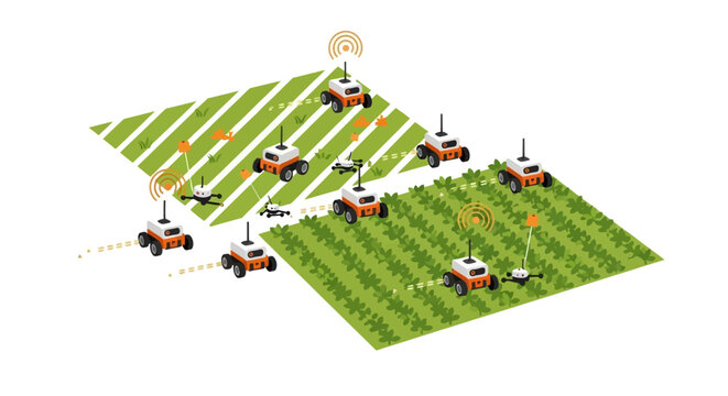 Smart Agriculture Isometric Concept with Autonomous Farming Robots and Drones Monitoring Green Crops. Precision Farming and Agritech Vector Illustration.