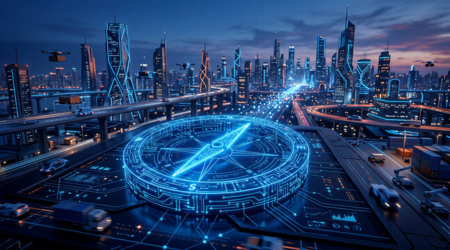 Futuristic digital compass navigating a high tech smart city landscape at twilight