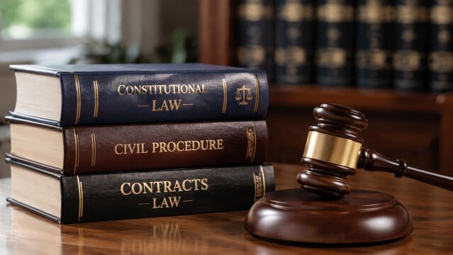 Stack of leather bound law books titled Constitutional Law, Civil Procedure and Contracts Law sits beside a wooden gavel on a polished desk rendered in high resolution detail