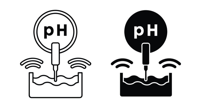 pH meter sensor testing water quality in container icon set with outline and solid versions for laboratory chemical analysis monitoring