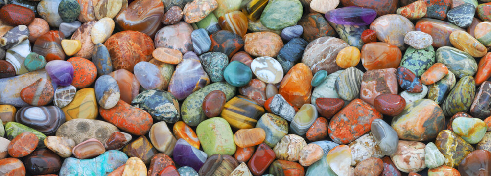 A Focus Stacked Close-up Panoramic Image of Tumbled Rocks Found on the Shore of Lake superior