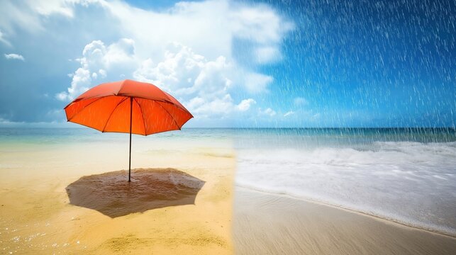 Orange beach umbrella dividing stormy and sunny beach, climate change concept