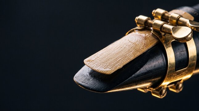 A close up view of an alto saxophone mouthpiece, reed, and ligature isolated against a dark background.