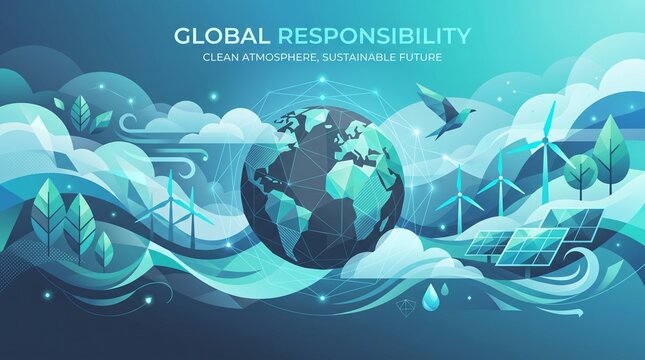 International Day for the Preservation of the Ozone Layer Abstract background 2026 Global responsibility illustration showing interconnected world with renewable energy and technology