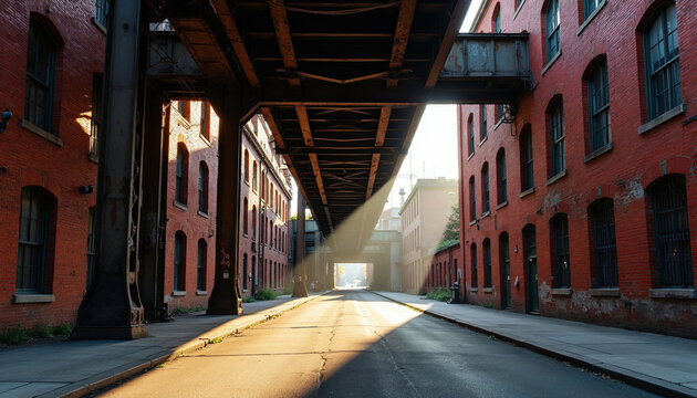 Sunlight beams on empty street between old brick buildings and elevated railway bridge. Red brick facades and metal infrastructure create urban industrial contrast.