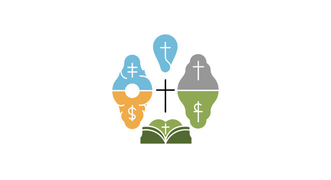 Religious symbol combining cross, open bible, and various icons representing different aspects of faith.