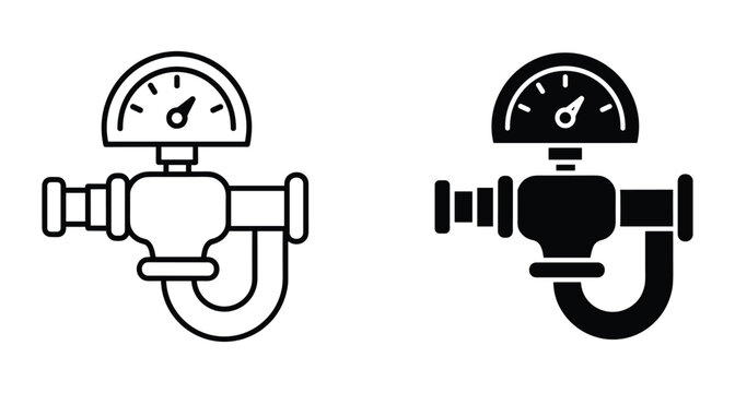 Industrial pressure gauge manometer icon set with pipe valve and meter for measuring gas water or oil flow in plumbing
