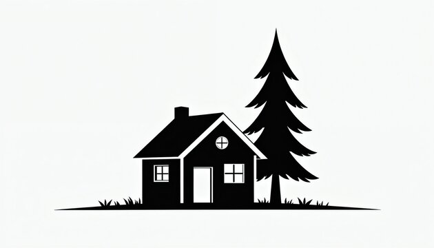Minimalist black and white graphic of a simple house next to a tall pine tree. Clean lines and flat design suggest a modern, conceptual icon for real estate or nature themes.