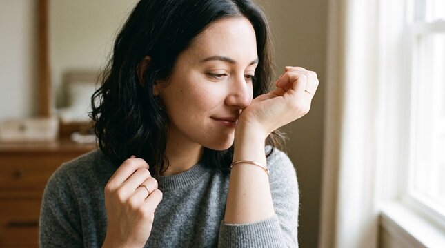 Woman smelling her wrist for perfume testing or enjoying a fragrance indoors