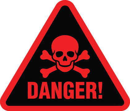 Triangular danger warning sign with red skull and crossbones vector illustration