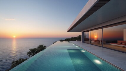 Fototapeta premium Luxury modern villa overlooking turquoise ocean, minimalist architecture, stunning sunset reflections everywhere.