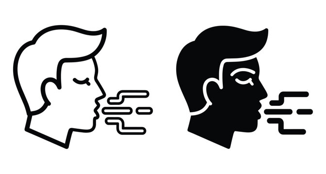 Breathing icon set showing human head profile exhaling air or coughing for health safety medical and respiratory hygiene concepts