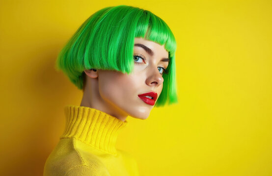 Young woman with short green bob haircut posing against bright yellow background. Model wears vibrant makeup with red lipstick looking at camera. Modern beauty portrait with trendy hair color, blunt