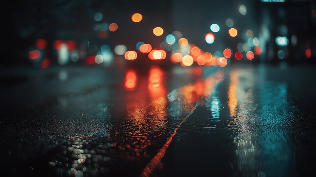 Rainy night street, blurry lights, reflection of light on wet pavement, neon cityscape, urban city, blurred figures in background