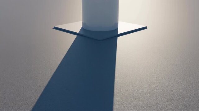 Centered cylindrical column with elongated shadow on textured plane, square base, strong backlight, minimalist composition, neutral tones, geometric balance, calm studio atmosphere