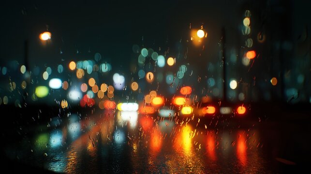 Rainy night street, blurry lights, reflection of light on wet pavement, neon cityscape, urban city, blurred figures in background