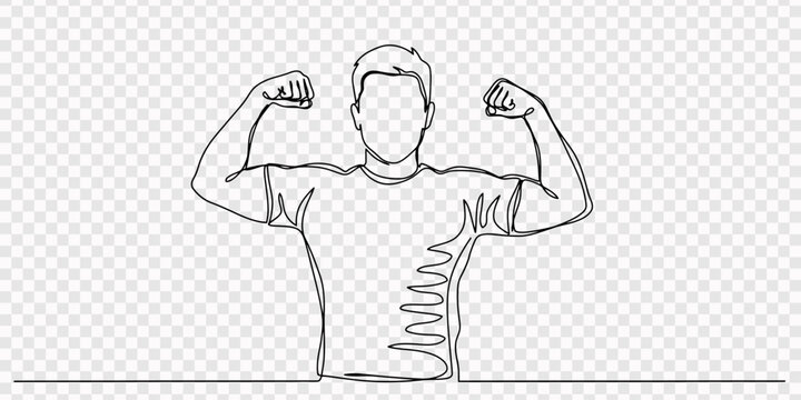 One line drawing of muscular man flexing arms fitness silhouette illustration, transparent background, A muscular man flexing his arms and showing his biceps and six pack abs in a simple line drawing.
