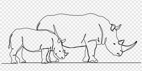 Single continuous line drawing mother rhino and baby rhino standing in opposite directions. transparent background, mother rhino and baby rhino standing side by side and looking to the side. Observing © Gerish