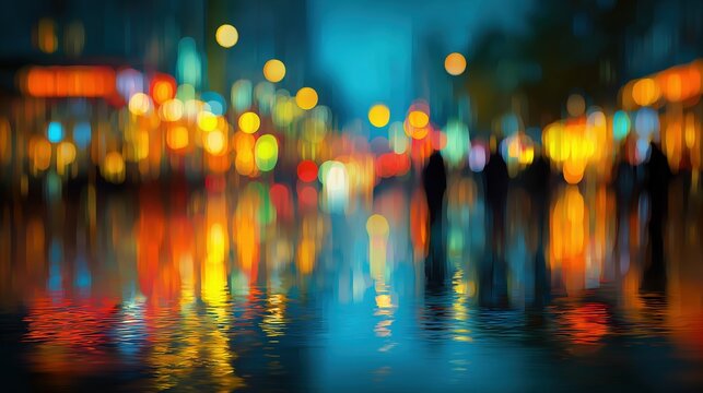 Rainy night street, blurry lights, reflection of light on wet pavement, neon cityscape, urban city, blurred figures in background