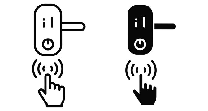 Smart door lock icon set featuring electronic handle with touch sensor and hand finger pressing button for keyless home security