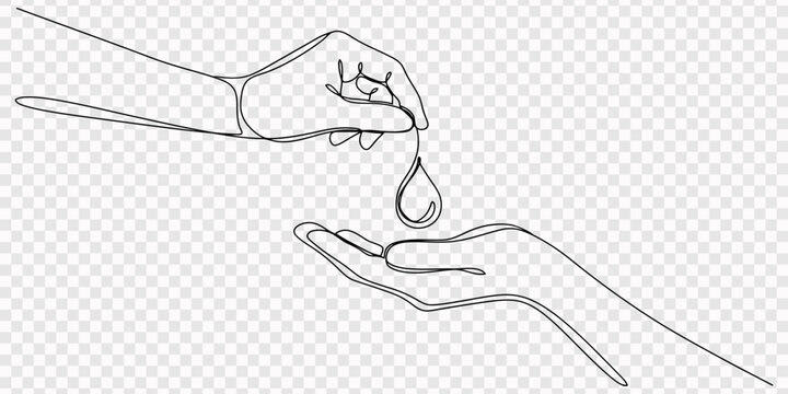Continuous one line drawing of hand passing blood drop to another, transparent background, Single continuous line drawing the hand above is giving a drop of blood to the hand below. One line draw grap