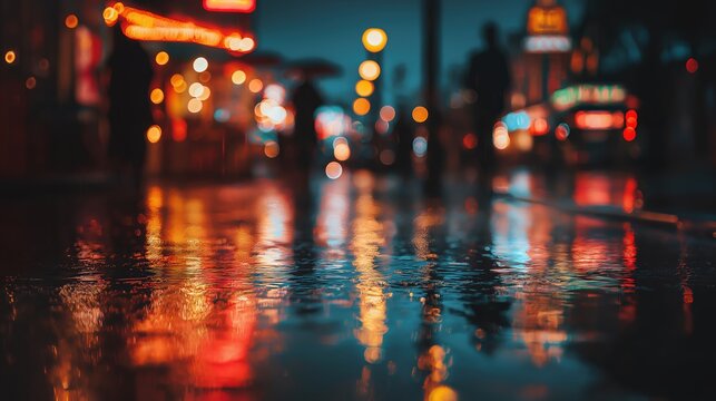 Rainy night street, blurry lights, reflection of light on wet pavement, neon cityscape, urban city, blurred figures in background