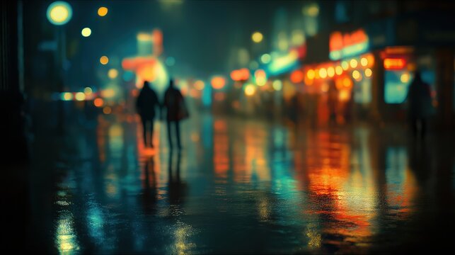 Rainy night street, blurry lights, reflection of light on wet pavement, neon cityscape, urban city, blurred figures in background