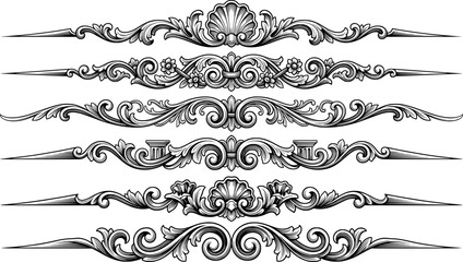 Set of ornate vintage dividers and floral filigree borders transparent background © SampaRani