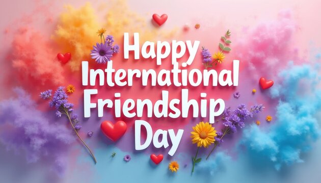 Colorful abstract background with flowers, hearts celebrates International Friendship Day. Festive graphic highlights togetherness connection, joy. Graphic design perfect for event social media.