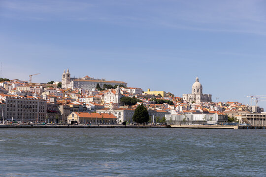 View of Lisbon city skyline and buildings from the Tagus River. 