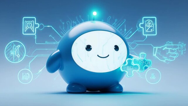 Cute blue robot waving hello futuristic digital animation loop wave